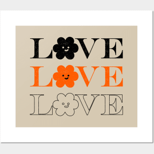 Love slogan with chamomile flower character face. Hippie style groovy vibes Posters and Art